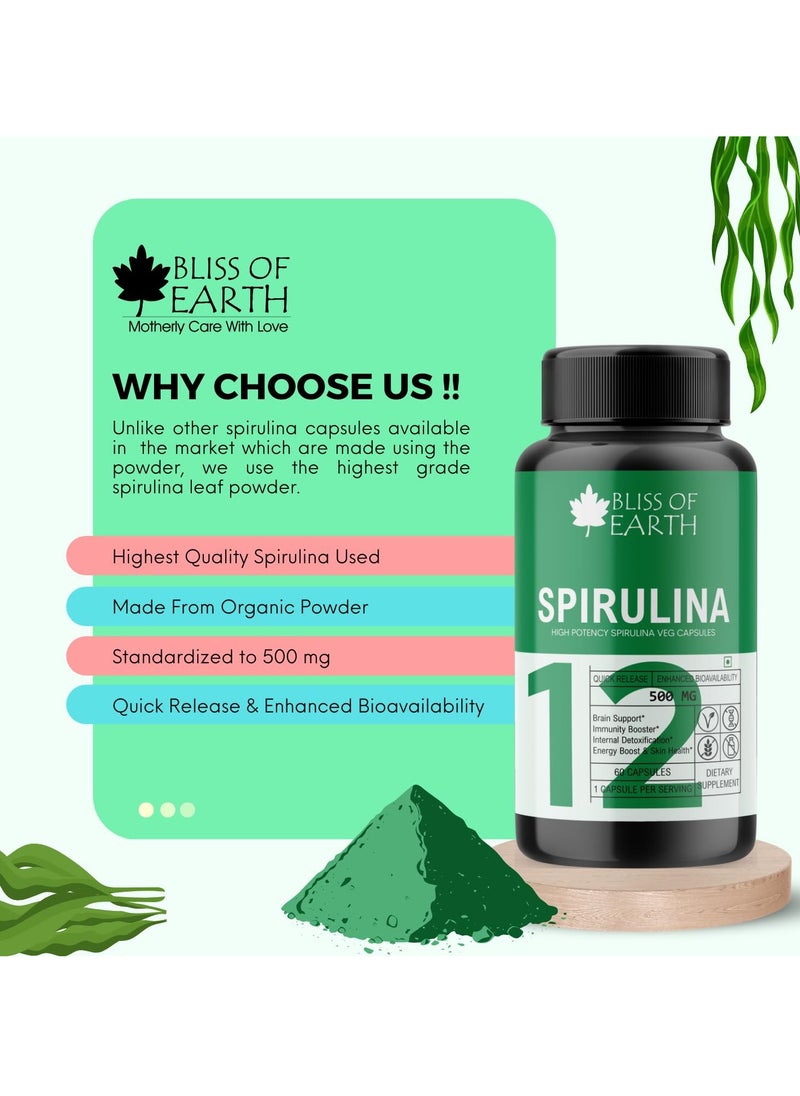 BLISS OF EARTH Organic Spirulina Powder Capsules 500mg Each Serving, 60 Veg Capsules, Green Superfood For Energy & Detox Pack of 2  - Image 4