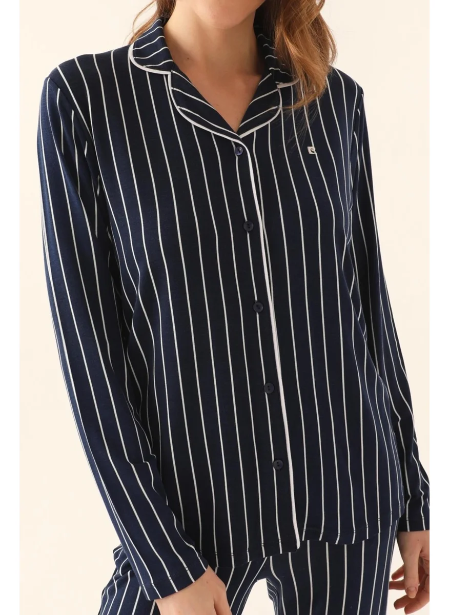 pierre cardin Boxed Women's Striped Navy Blue Pajama Set 50% Cotton 50% Modal Buttoned Pajama Set