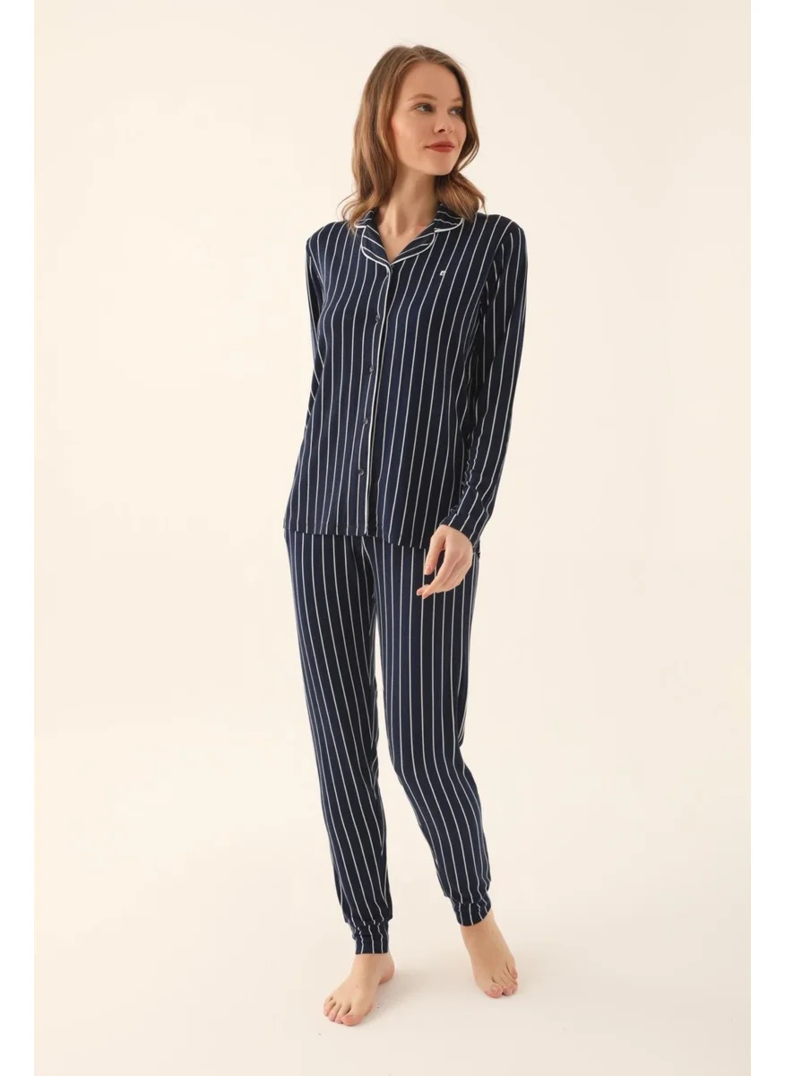 pierre cardin Boxed Women's Striped Navy Blue Pajama Set 50% Cotton 50% Modal Buttoned Pajama Set