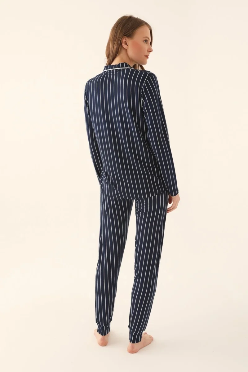 بيير كاردان Boxed Women's Striped Navy Blue Pajama Set 50% Cotton 50% Modal Buttoned Pajama Set