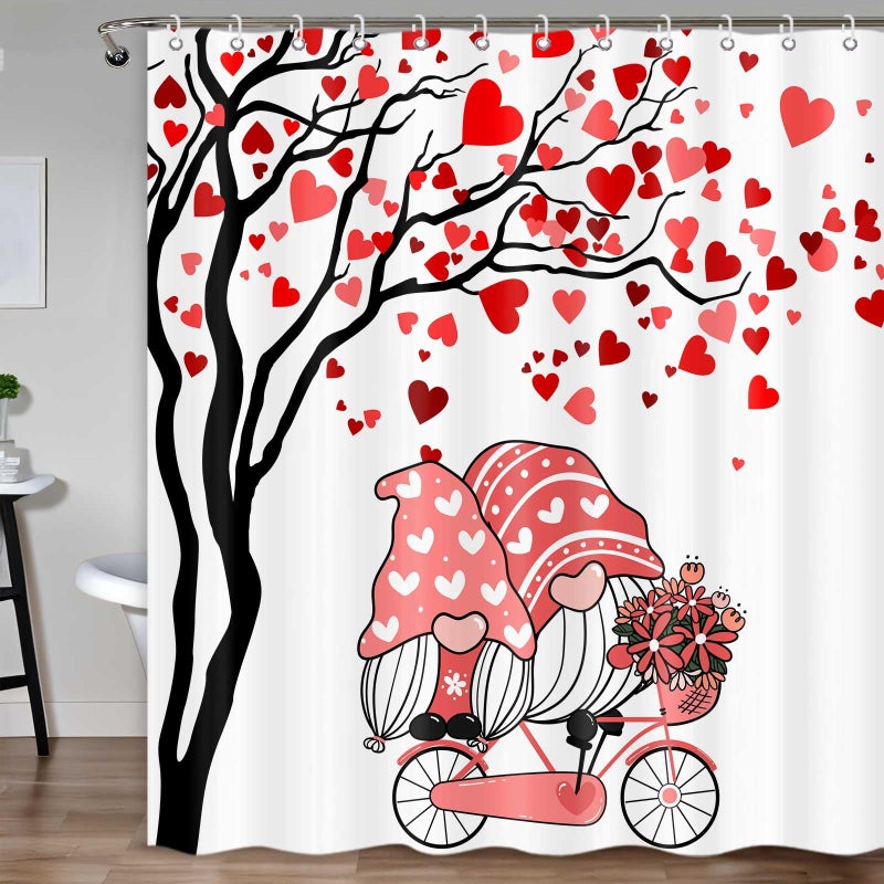 ICTEISOM Valentines Shower Curtain, Romantic Gnomes Love Red Hearts Tree Fabric Shower Curtains with Hooks Set, Valentine's Bathroom Decor Waterproof Fabric Bath Curtains Home Decorations 72x72 Inches - Image 2