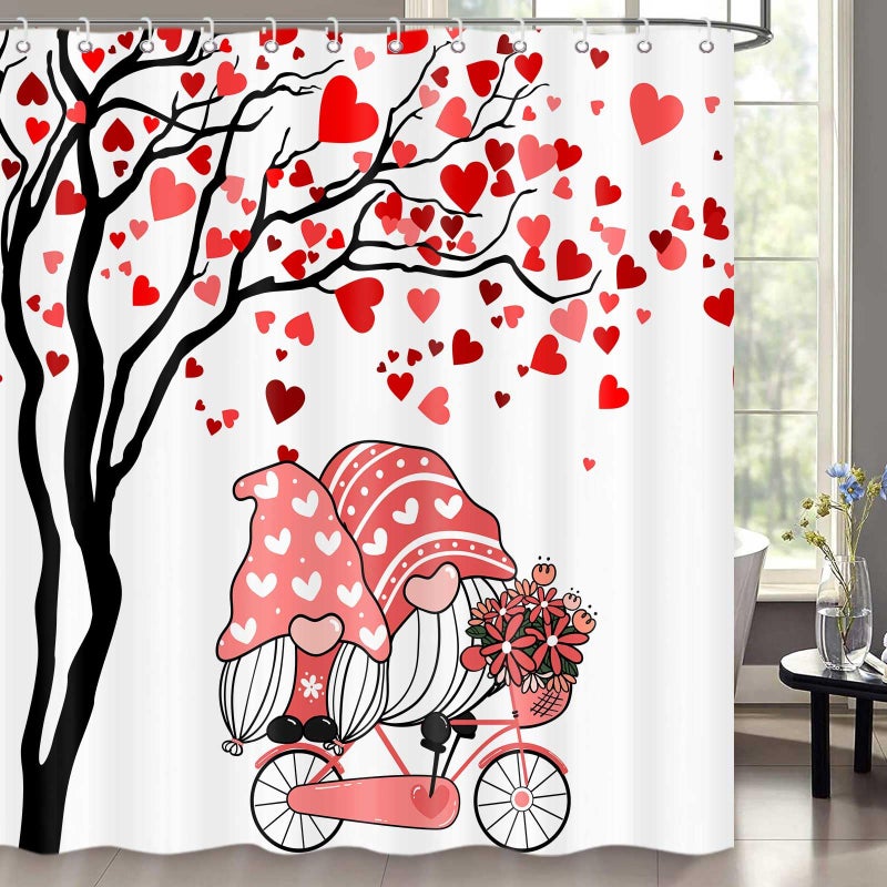 ICTEISOM Valentines Shower Curtain, Romantic Gnomes Love Red Hearts Tree Fabric Shower Curtains with Hooks Set, Valentine's Bathroom Decor Waterproof Fabric Bath Curtains Home Decorations 72x72 Inches - Image 1