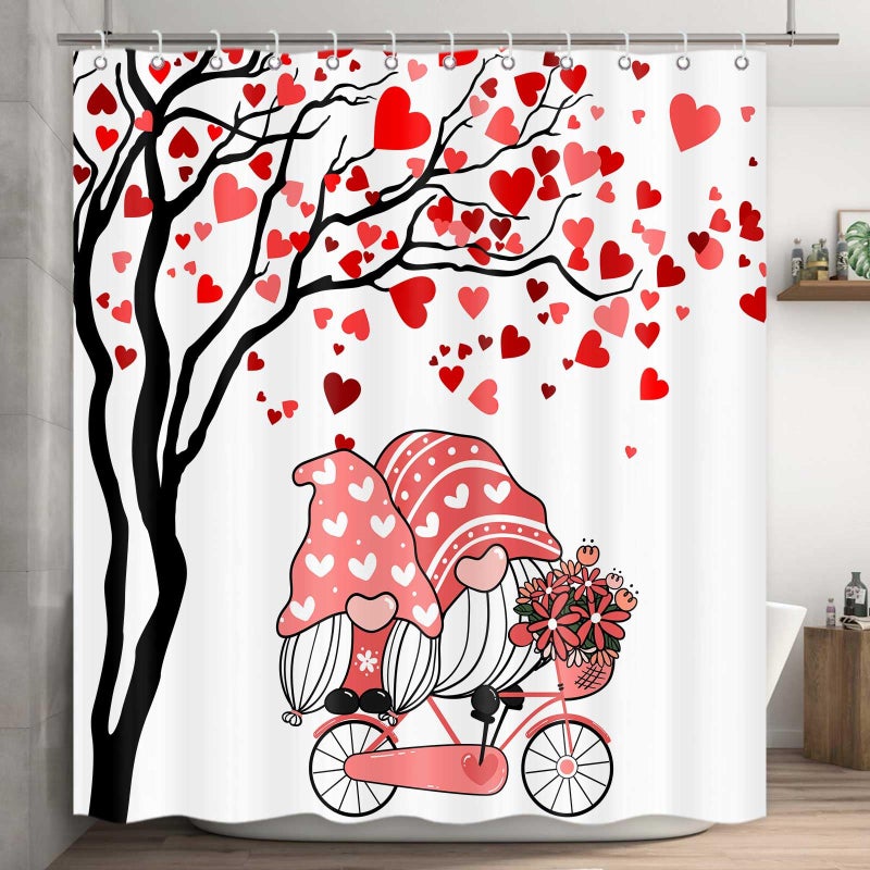 ICTEISOM Valentines Shower Curtain, Romantic Gnomes Love Red Hearts Tree Fabric Shower Curtains with Hooks Set, Valentine's Bathroom Decor Waterproof Fabric Bath Curtains Home Decorations 72x72 Inches - Image 3