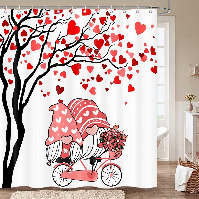 ICTEISOM Valentines Shower Curtain, Romantic Gnomes Love Red Hearts Tree Fabric Shower Curtains with Hooks Set, Valentine's Bathroom Decor Waterproof Fabric Bath Curtains Home Decorations 72x72 Inches - Image 4