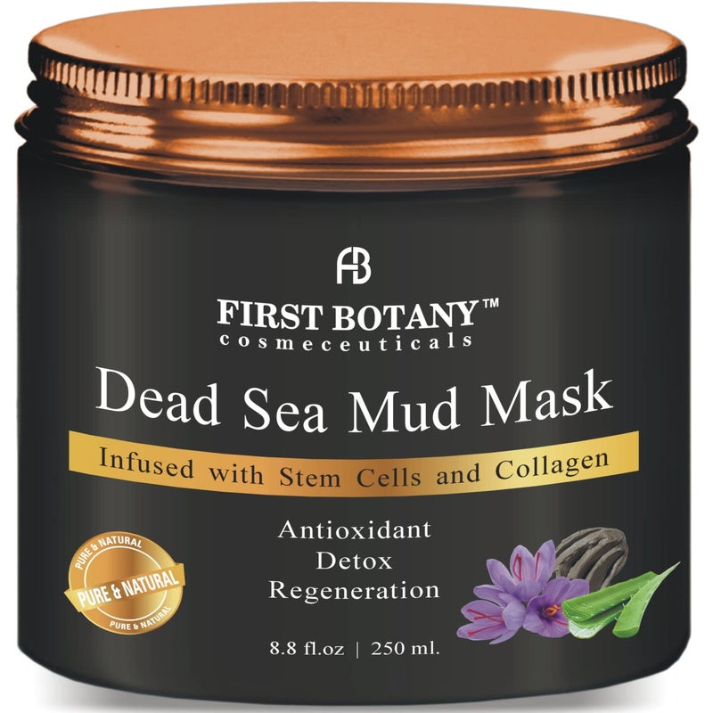 First Botany, 100% Natural Mineral-Infused Dead Sea Mud Mask 8.8oz Stem Cells Facial Treatment Skin Cleanser Pore Reducer Anti Aging Acne Treatment Blackhead Remover Cellulite & Natural Moisturizer - Image 1
