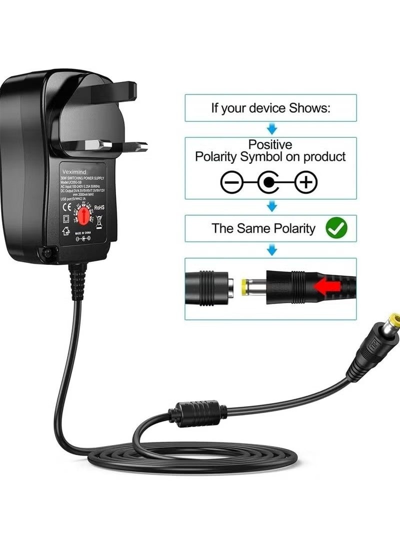 Universal 30W 3V 4.5V 5V 6V 7.5V 9V 12V AC/DC Adapter Switching Power Supply Charger PSU with 8 Selectable Adaptor Tips for 3V-12V Household Electronics and LED Strip - 2000mA Max - Image 4