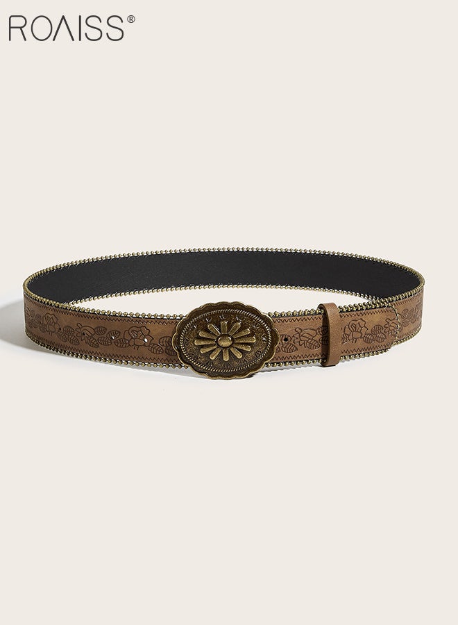 roaiss 1 Pcs Vintage Floral Print PU Leather Belt with Gold Carved Oval Head, Western Style Cowboy Buckle Belt, Versatile Fashion Accessory, Suitable for Matching with Jeans, Skirt, Daily wear - Image 5
