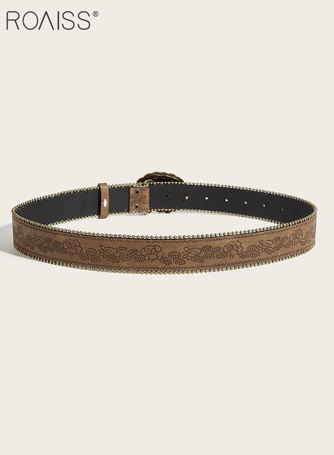roaiss 1 Pcs Vintage Floral Print PU Leather Belt with Gold Carved Oval Head, Western Style Cowboy Buckle Belt, Versatile Fashion Accessory, Suitable for Matching with Jeans, Skirt, Daily wear - Image 4