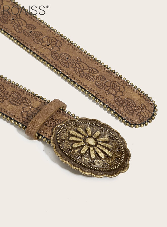 roaiss 1 Pcs Vintage Floral Print PU Leather Belt with Gold Carved Oval Head, Western Style Cowboy Buckle Belt, Versatile Fashion Accessory, Suitable for Matching with Jeans, Skirt, Daily wear - Image 2