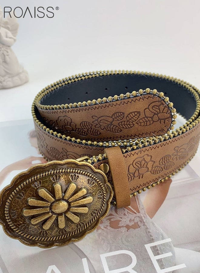 roaiss 1 Pcs Vintage Floral Print PU Leather Belt with Gold Carved Oval Head, Western Style Cowboy Buckle Belt, Versatile Fashion Accessory, Suitable for Matching with Jeans, Skirt, Daily wear - Image 3