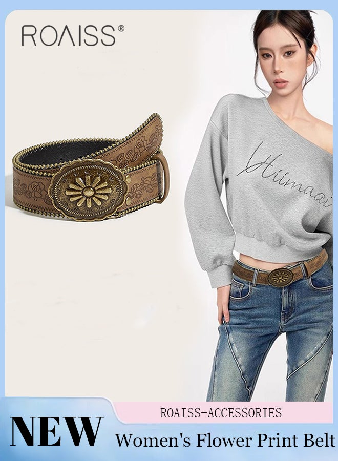 roaiss 1 Pcs Vintage Floral Print PU Leather Belt with Gold Carved Oval Head, Western Style Cowboy Buckle Belt, Versatile Fashion Accessory, Suitable for Matching with Jeans, Skirt, Daily wear - Image 1