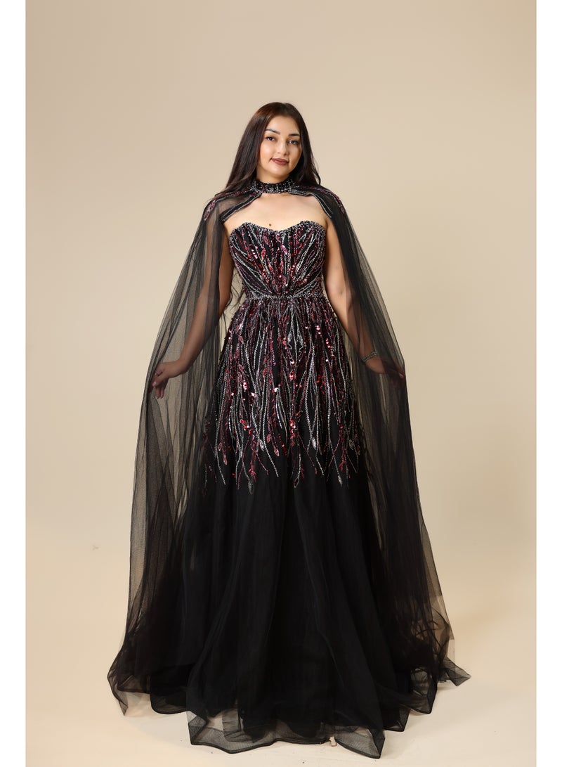 FAIZ COUTURE Timeless Black Evening Gown with Sheer Cape - Image 1