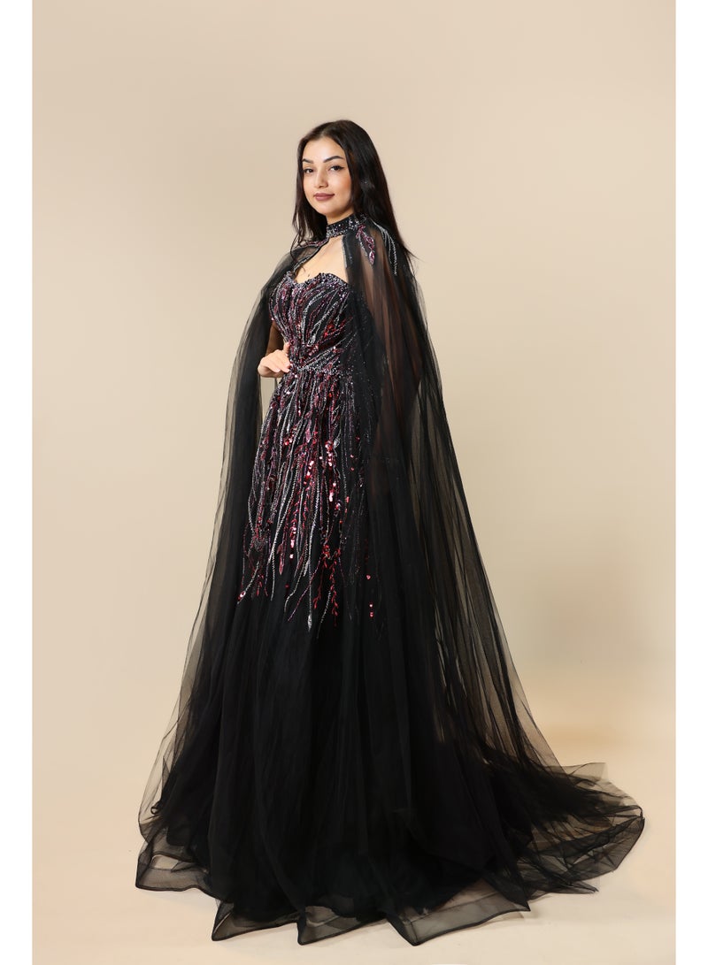 FAIZ COUTURE Timeless Black Evening Gown with Sheer Cape - Image 4