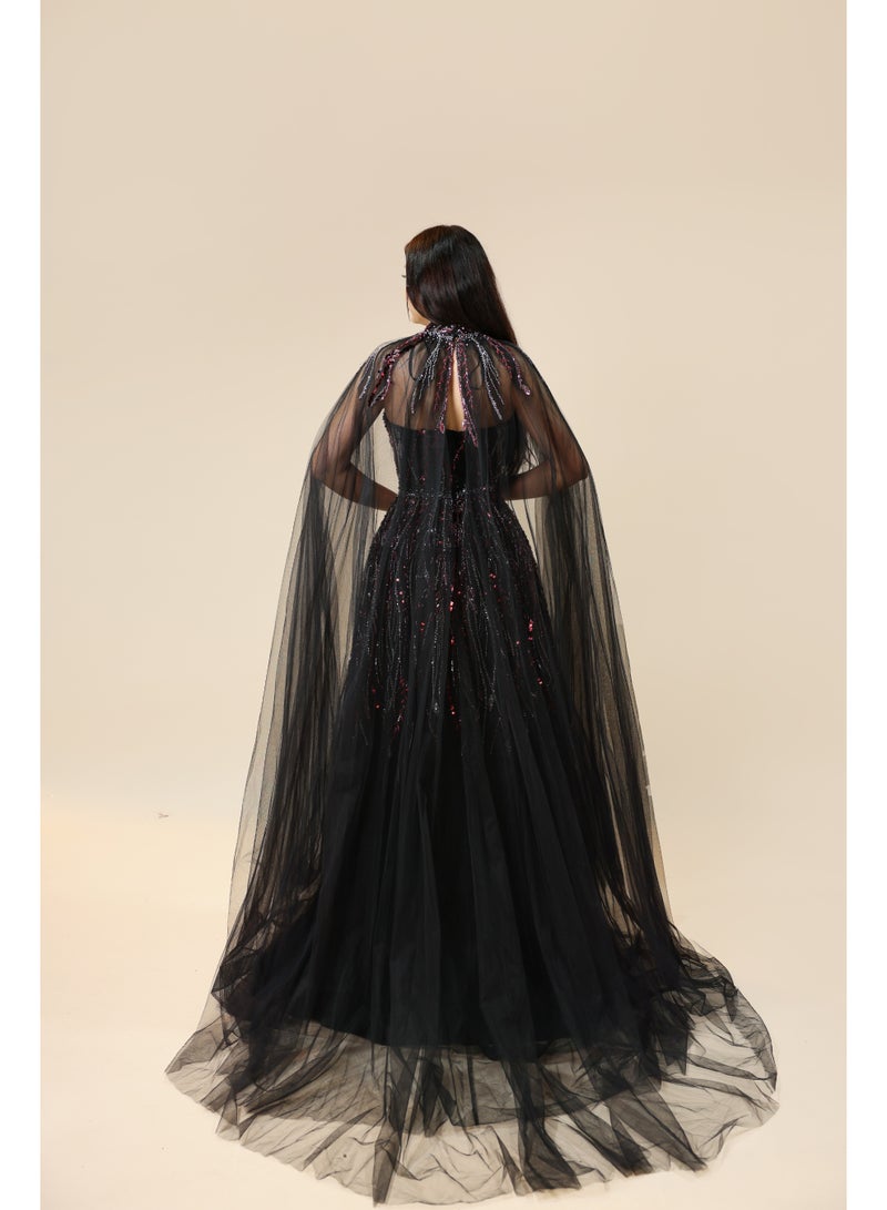 FAIZ COUTURE Timeless Black Evening Gown with Sheer Cape - Image 3