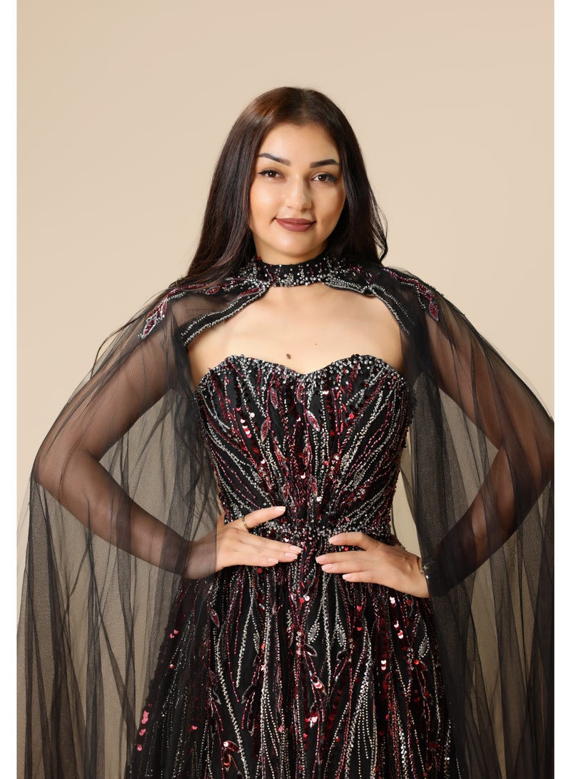 FAIZ COUTURE Timeless Black Evening Gown with Sheer Cape - Image 2