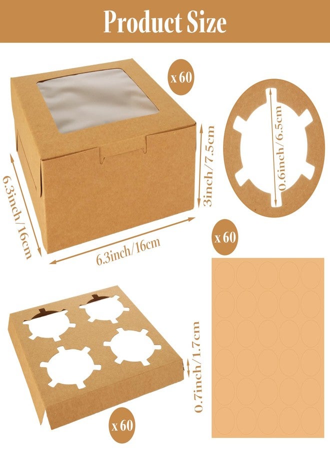 CYEAH 60 Pack Cupcake Boxes, 4 Count Cupcake Containers, 6 x 6 x 3 Inch Brown Kraft Paper Cupcak Boxes with Clear Window, Bakery Cake Box Cookie Gift Box for Cupcakes Muffins Cookies Pastries - Image 2