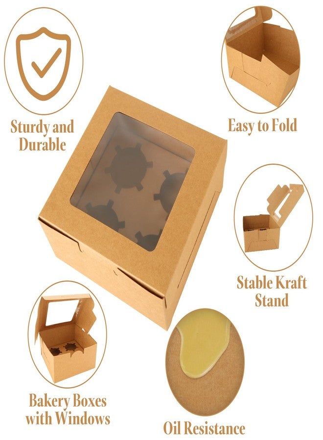 CYEAH 60 Pack Cupcake Boxes, 4 Count Cupcake Containers, 6 x 6 x 3 Inch Brown Kraft Paper Cupcak Boxes with Clear Window, Bakery Cake Box Cookie Gift Box for Cupcakes Muffins Cookies Pastries - Image 3