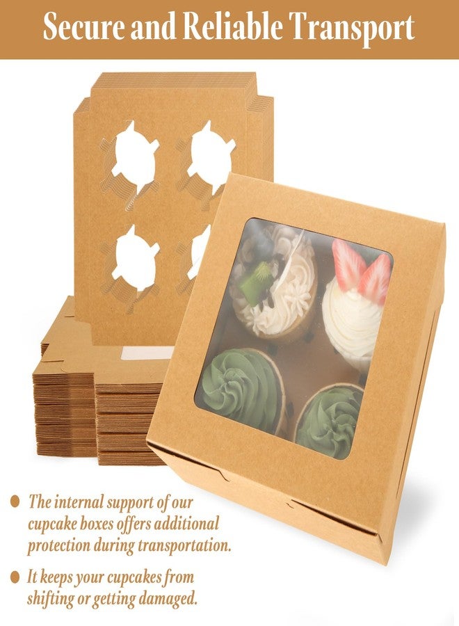 CYEAH 60 Pack Cupcake Boxes, 4 Count Cupcake Containers, 6 x 6 x 3 Inch Brown Kraft Paper Cupcak Boxes with Clear Window, Bakery Cake Box Cookie Gift Box for Cupcakes Muffins Cookies Pastries - Image 4