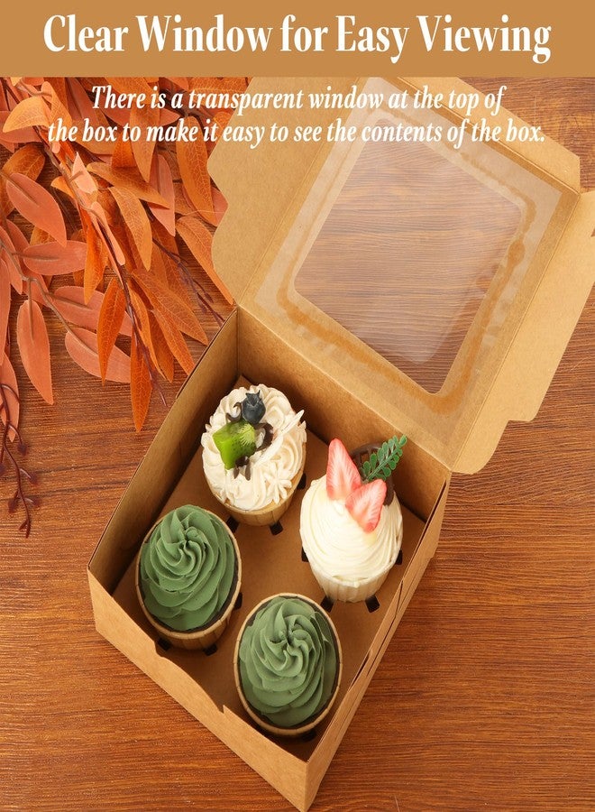 CYEAH 60 Pack Cupcake Boxes, 4 Count Cupcake Containers, 6 x 6 x 3 Inch Brown Kraft Paper Cupcak Boxes with Clear Window, Bakery Cake Box Cookie Gift Box for Cupcakes Muffins Cookies Pastries - Image 5
