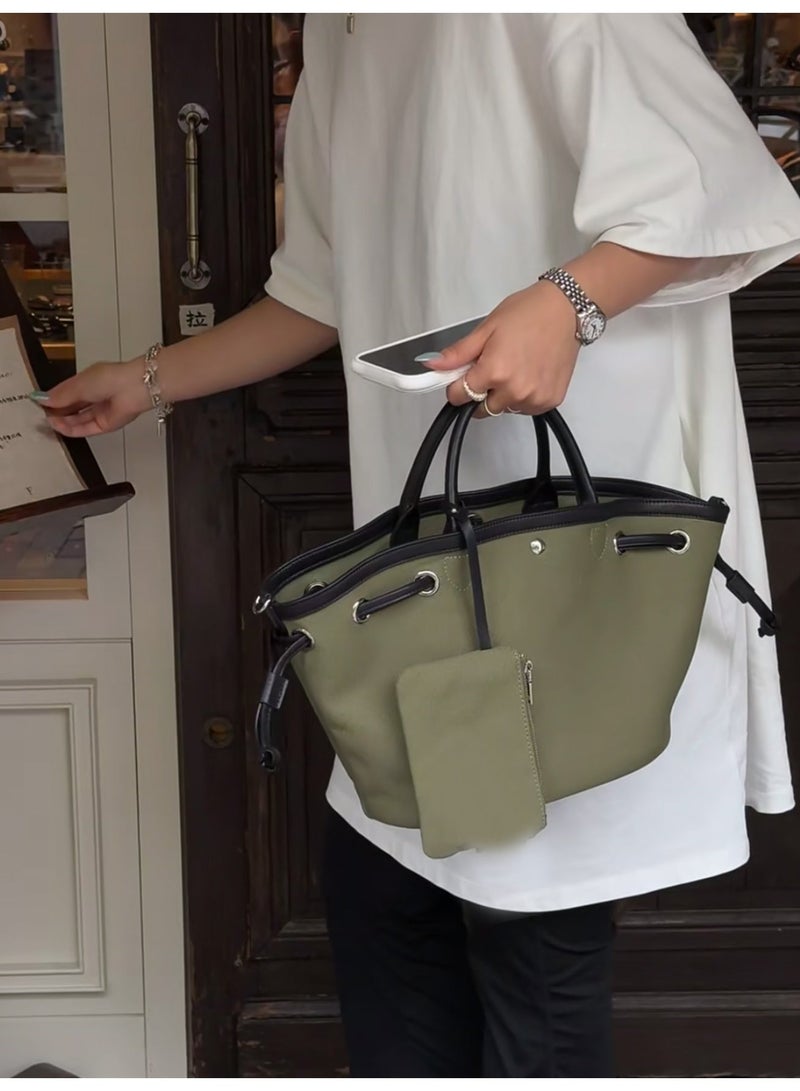Minimalist Canvas Tote Bag with Leather Trim for Women, Casual Commuter Shoulder Handbag - Image 1