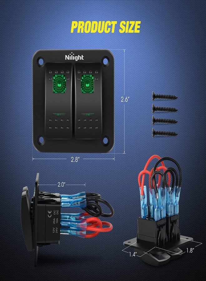 Nilight 2 Gang Rocker Switch Panel 12V 24V DC Green Switches Aluminum Panel 5Pin ON Off PreWired Toggle Switch Panel Waterproof for Cars Boats ATVs UTVs,2 Years Warranty - Image 2
