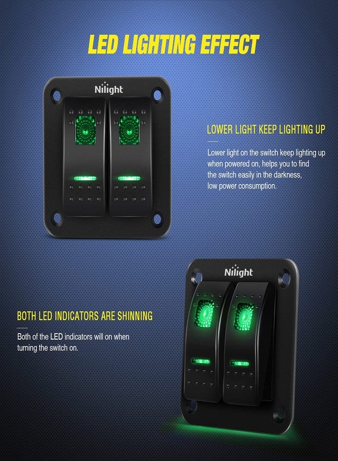 Nilight 2 Gang Rocker Switch Panel 12V 24V DC Green Switches Aluminum Panel 5Pin ON Off PreWired Toggle Switch Panel Waterproof for Cars Boats ATVs UTVs,2 Years Warranty - Image 3