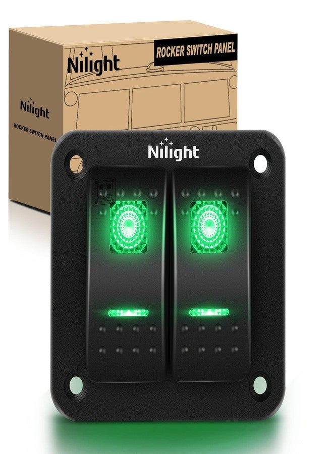 Nilight 2 Gang Rocker Switch Panel 12V 24V DC Green Switches Aluminum Panel 5Pin ON Off PreWired Toggle Switch Panel Waterproof for Cars Boats ATVs UTVs,2 Years Warranty - Image 1