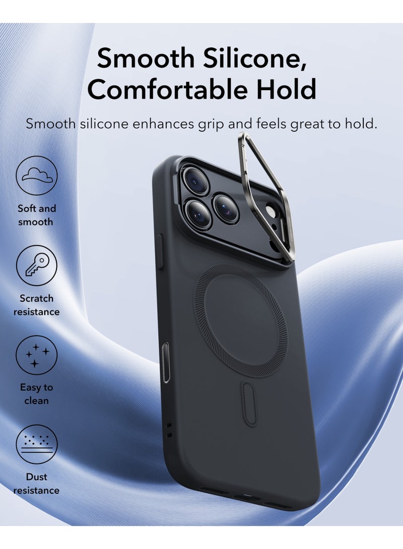 اي اس ار ESR Silicone Case for iPhone 17 Pro Max, Built-in Camera Stash Stand Compatible with MagSafe, Military-Grade Drop Protection Magnetic Phone Case for iPhone 17 Pro Max, Cloud Series BLACK - Image 3