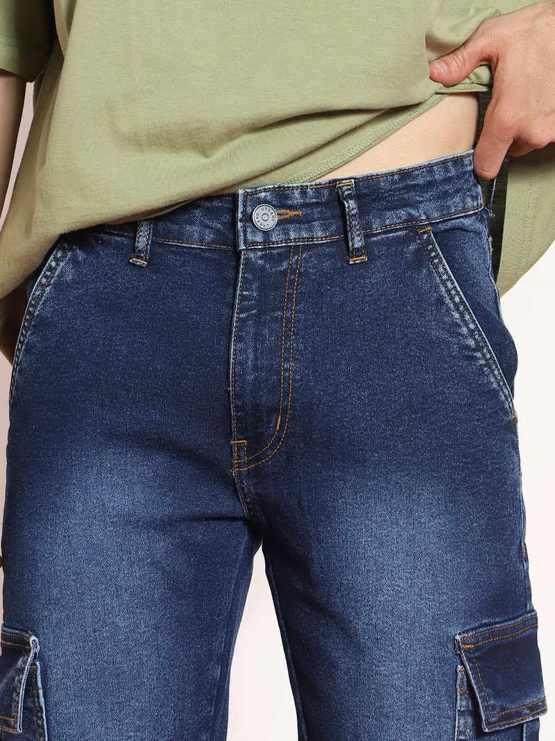 Urbano Fashion  Urbano Fashion Men's Dark Blue Regular Fit Washed Cargo Jeans with 6 Pockets Stretchable  | Best Price UAE