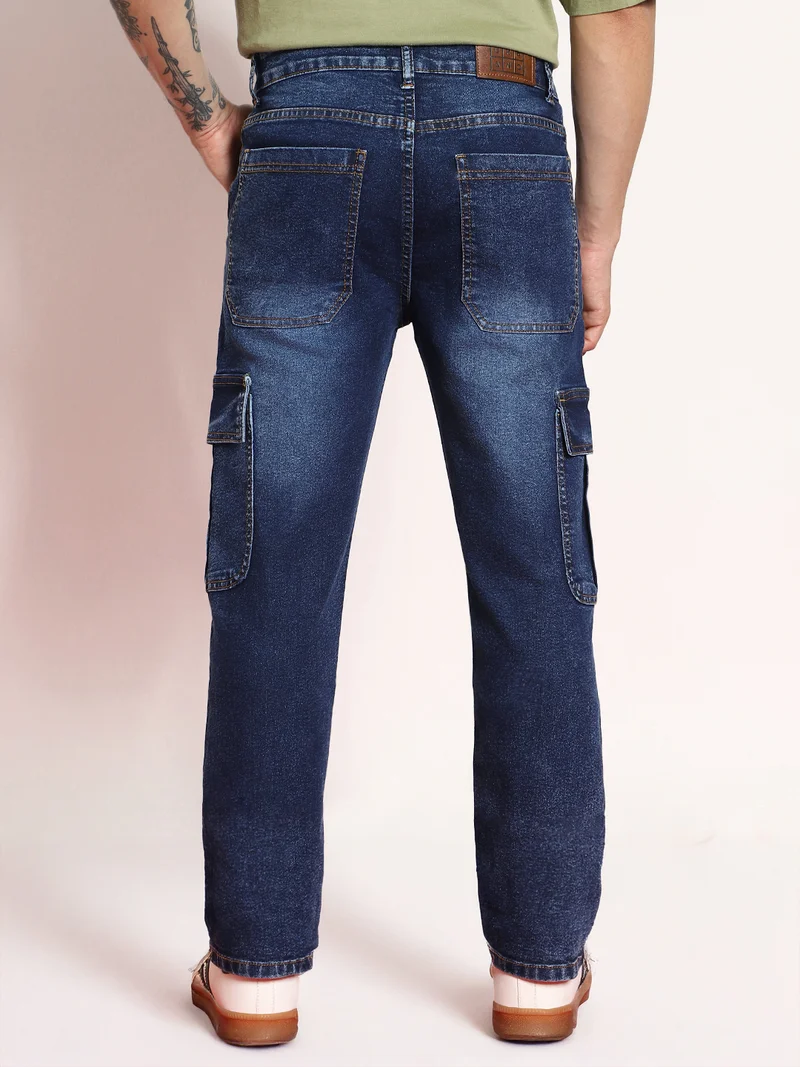 Urbano Fashion  Urbano Fashion Men's Dark Blue Regular Fit Washed Cargo Jeans with 6 Pockets Stretchable  | Best Price UAE