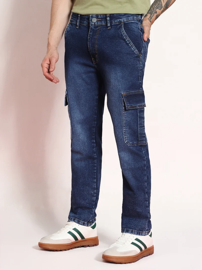 Urbano Fashion Men's Dark Blue Regular Fit Washed Cargo Jeans with 6 Pockets Stretchable