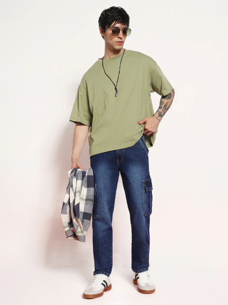 Urbano Fashion  Urbano Fashion Men's Dark Blue Regular Fit Washed Cargo Jeans with 6 Pockets Stretchable  | Best Price UAE