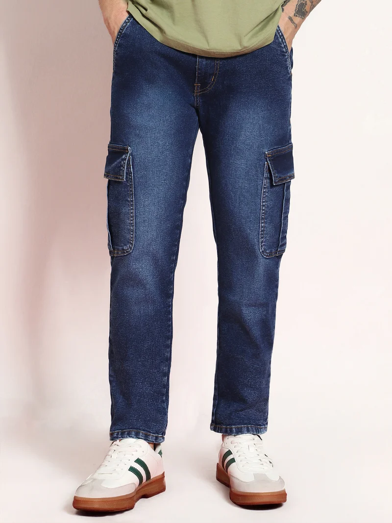 Urbano Fashion  Urbano Fashion Men's Dark Blue Regular Fit Washed Cargo Jeans with 6 Pockets Stretchable  | Best Price UAE