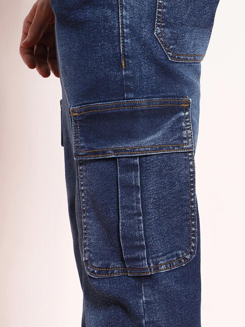 Urbano Fashion  Urbano Fashion Men's Dark Blue Regular Fit Washed Cargo Jeans with 6 Pockets Stretchable  | Best Price UAE