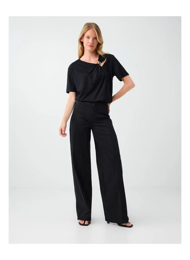 Jimmy Key Black Asymmetric Neckline Blouse with Metal Details.