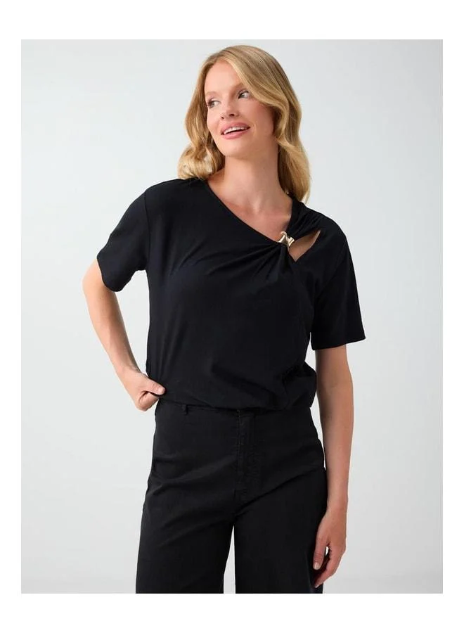 Jimmy Key Black Asymmetric Neckline Blouse with Metal Details.