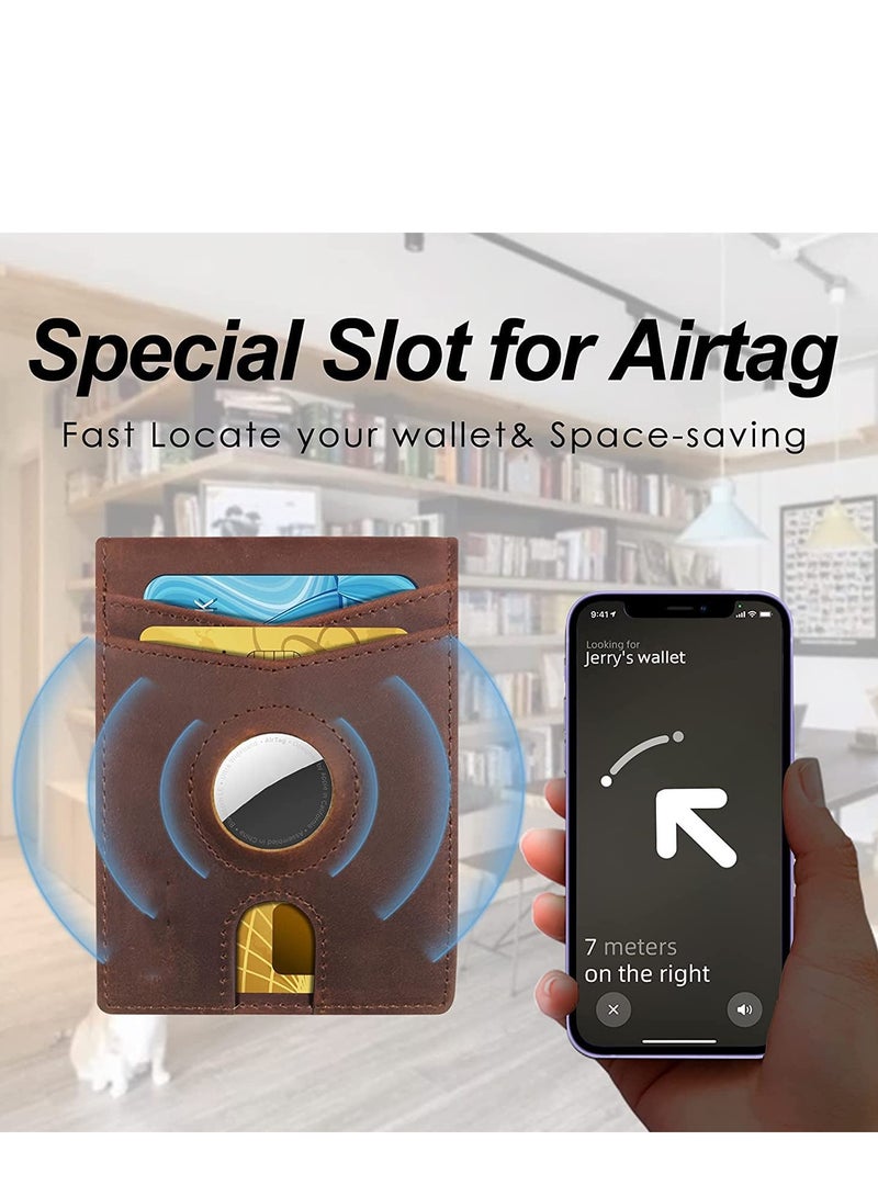SYOSI محفظة جلدية للرجال مع حامل AirTag، محفظة جيب أمامية رفيعة وبسيطة لحامل AirTag RFID، بني عتيق، صغير، كلاسيكي  - Image 2