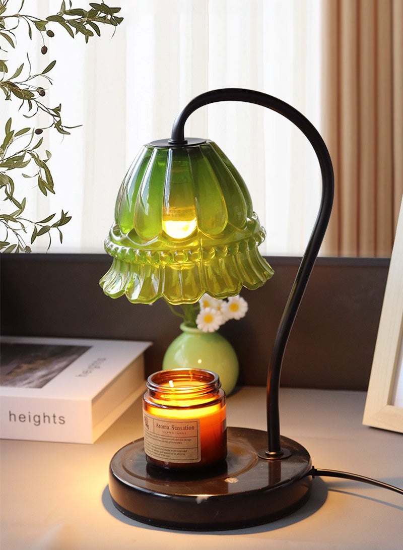 Green Camellia Shade Wax Lamp Candle Warmer Lamp with High Transparency Glass Stepless Dimming Rapid Melting Solid Wood Base Ideal for Home Decor and Aromatherapy, Black Marble Base