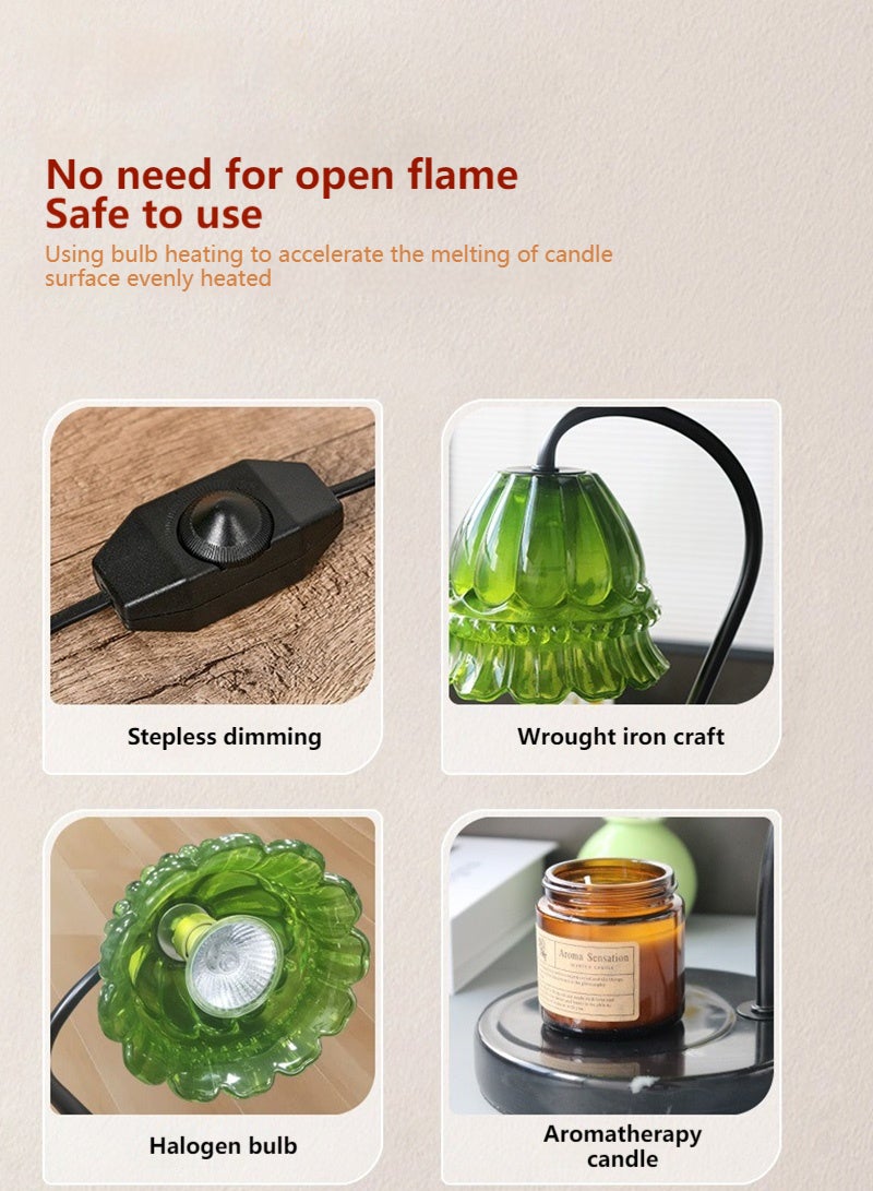 Green Camellia Shade Wax Lamp Candle Warmer Lamp with High Transparency Glass Stepless Dimming Rapid Melting Solid Wood Base Ideal for Home Decor and Aromatherapy, Black Marble Base