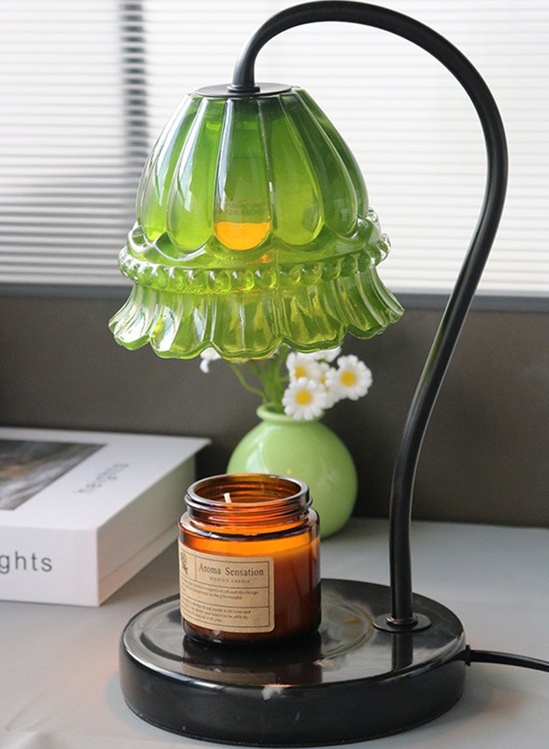 Green Camellia Shade Wax Lamp Candle Warmer Lamp with High Transparency Glass Stepless Dimming Rapid Melting Solid Wood Base Ideal for Home Decor and Aromatherapy, Black Marble Base