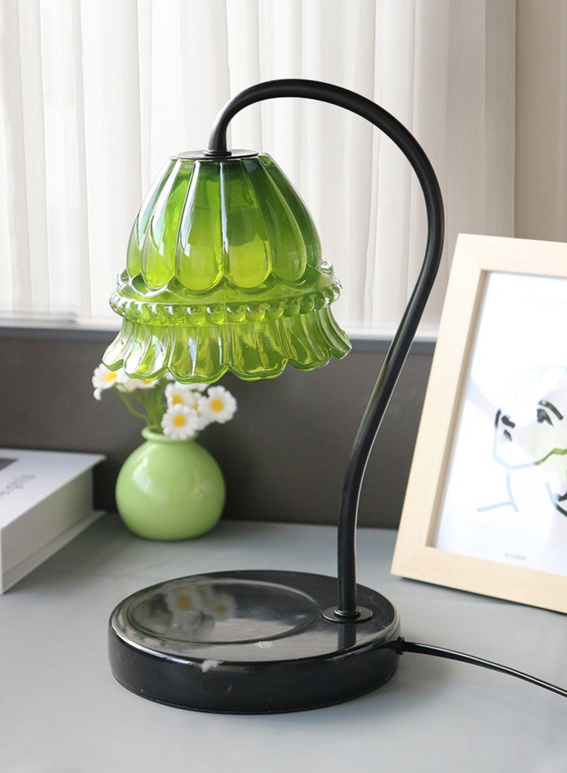 Green Camellia Shade Wax Lamp Candle Warmer Lamp with High Transparency Glass Stepless Dimming Rapid Melting Solid Wood Base Ideal for Home Decor and Aromatherapy, Black Marble Base