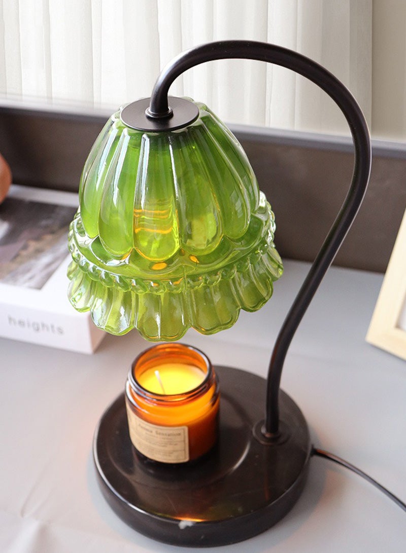 Green Camellia Shade Wax Lamp Candle Warmer Lamp with High Transparency Glass Stepless Dimming Rapid Melting Solid Wood Base Ideal for Home Decor and Aromatherapy, Black Marble Base