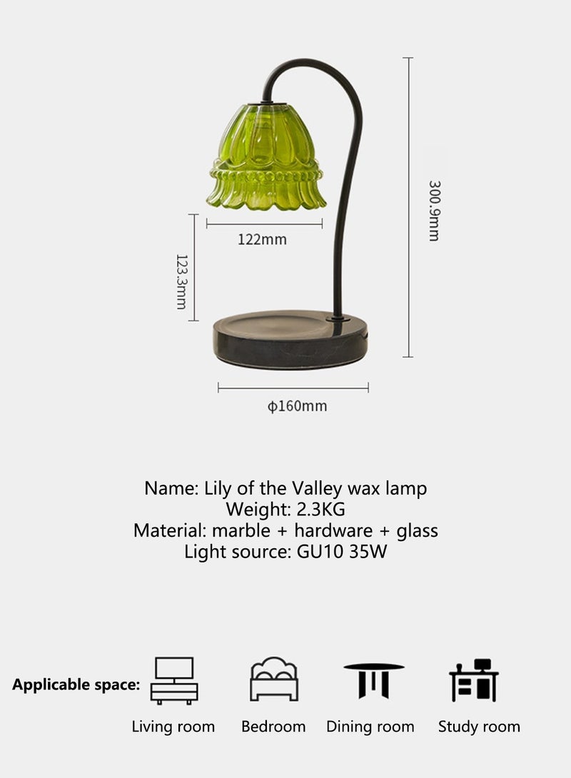 Green Camellia Shade Wax Lamp Candle Warmer Lamp with High Transparency Glass Stepless Dimming Rapid Melting Solid Wood Base Ideal for Home Decor and Aromatherapy, Black Marble Base