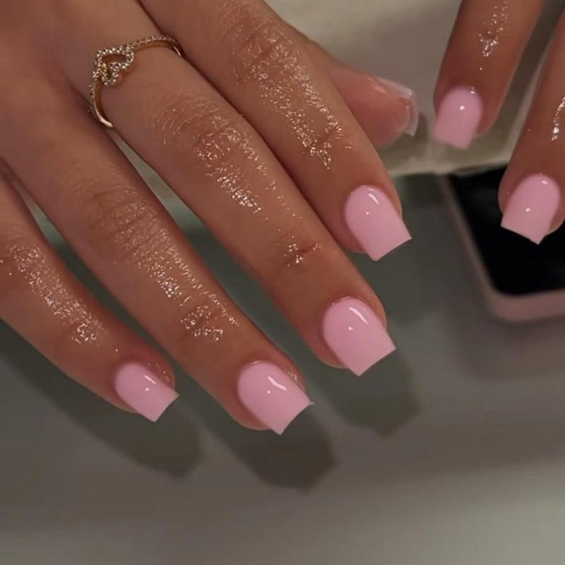 KQueenest 48 Pcs Baby Pink Press on Nails Short Length, Acrylic Solid Color Small Fake Set, Neutral Gel Glue on Short, Stick on for Women Finger Decoration - Image 1