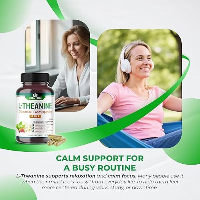 ULTRA HERBS مكمل L-Theanine - 6 في 1 مركب غني بالمغنيسيوم، الأشواغاندا، الزعفران، البابونج - يدعم الاسترخاء، الهدوء وجودة النوم | 150 كبسولة - Image 2
