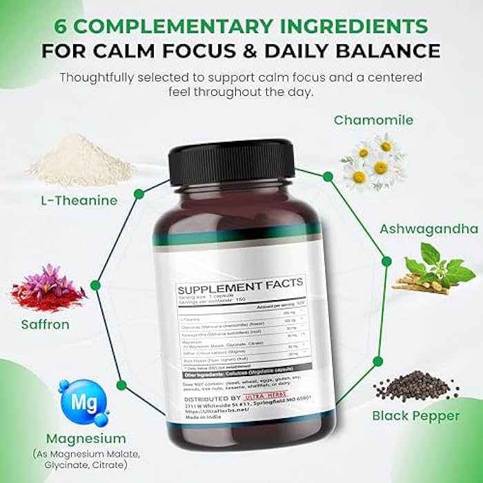 ULTRA HERBS مكمل L-Theanine - 6 في 1 مركب غني بالمغنيسيوم، الأشواغاندا، الزعفران، البابونج - يدعم الاسترخاء، الهدوء وجودة النوم | 150 كبسولة - Image 3