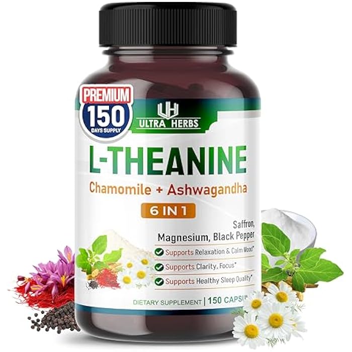 ULTRA HERBS مكمل L-Theanine - 6 في 1 مركب غني بالمغنيسيوم، الأشواغاندا، الزعفران، البابونج - يدعم الاسترخاء، الهدوء وجودة النوم | 150 كبسولة - Image 1