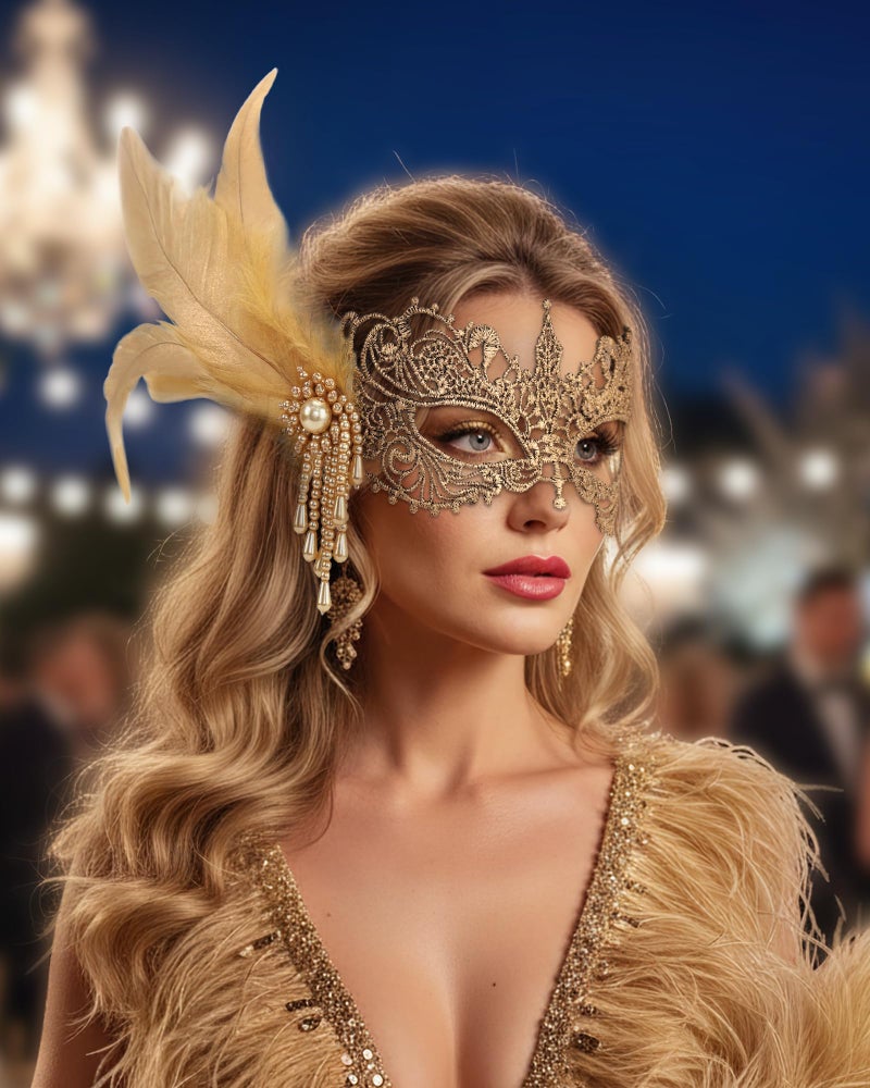 Zinniday Lace Masquerade Masks for Women - Gold Venetian Antique Mask 1920s 50s Elegant Party Eyemask Feather Halloween Face Mask for Woman Lady Men Cosplay Carnival Renaissance Accessory - Image 2