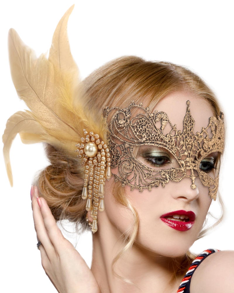 Zinniday Lace Masquerade Masks for Women - Gold Venetian Antique Mask 1920s 50s Elegant Party Eyemask Feather Halloween Face Mask for Woman Lady Men Cosplay Carnival Renaissance Accessory - Image 1