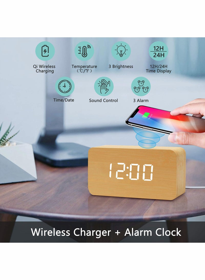 SYOSI Wooden Alarm Clock with Wireless Charging Pad, LED Digital Clock with Large Date and Temperature Display, Sound Control, Adjustable Brightness, Suitable for Bedroom, Office, Bedside - Image 3